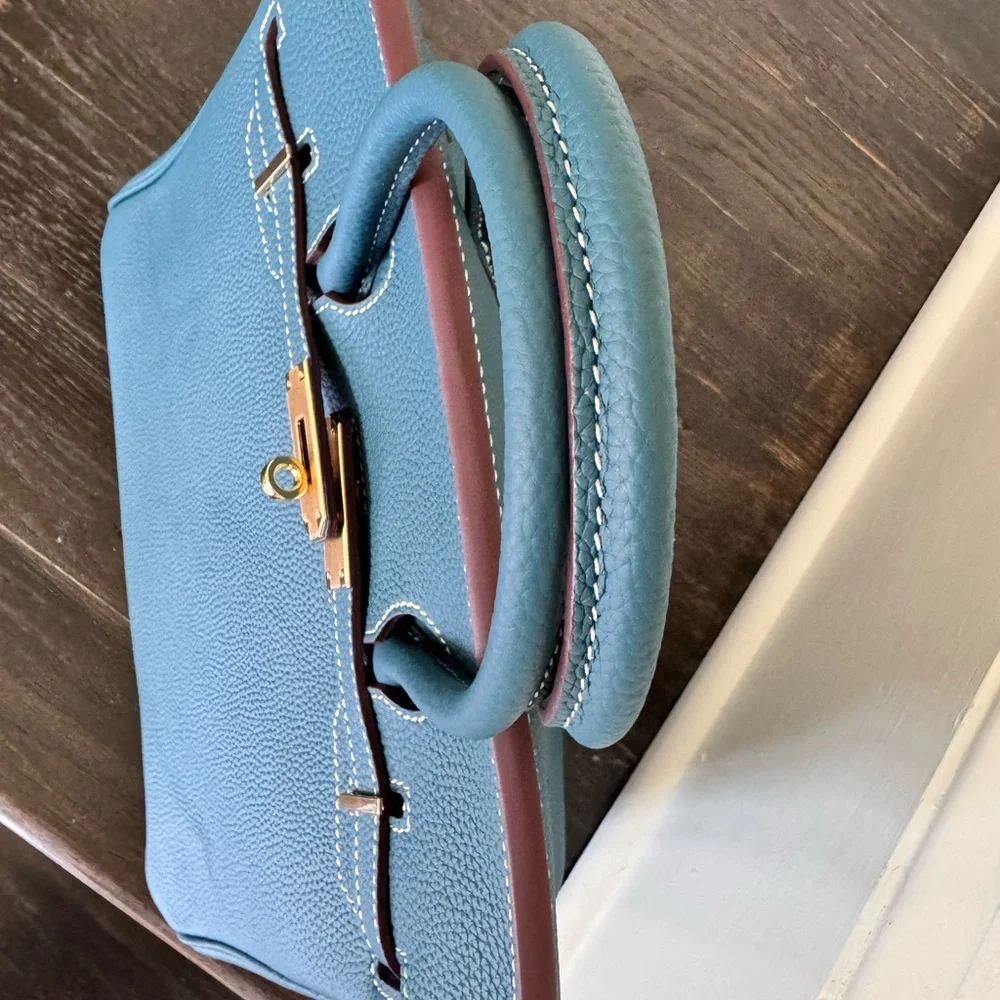 Blue Leather Top-Handle Satchel with Gold Hardware